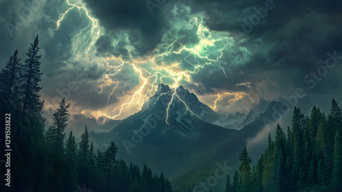 A mountain range is covered in trees and is lit up by a lightning bolt