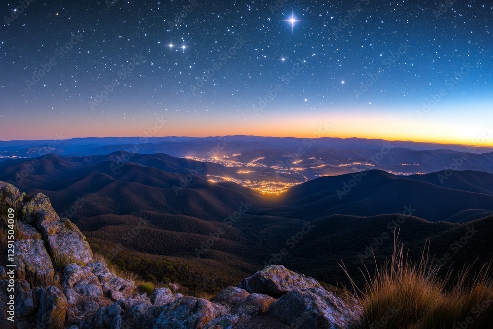 Obraz premium Breathtaking Night Sky Over Mountainous Landscape at Dusk