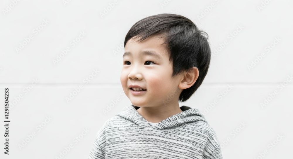Smiling asian child in striped hoodie against light background Smiling asian child in striped hoodie against light background