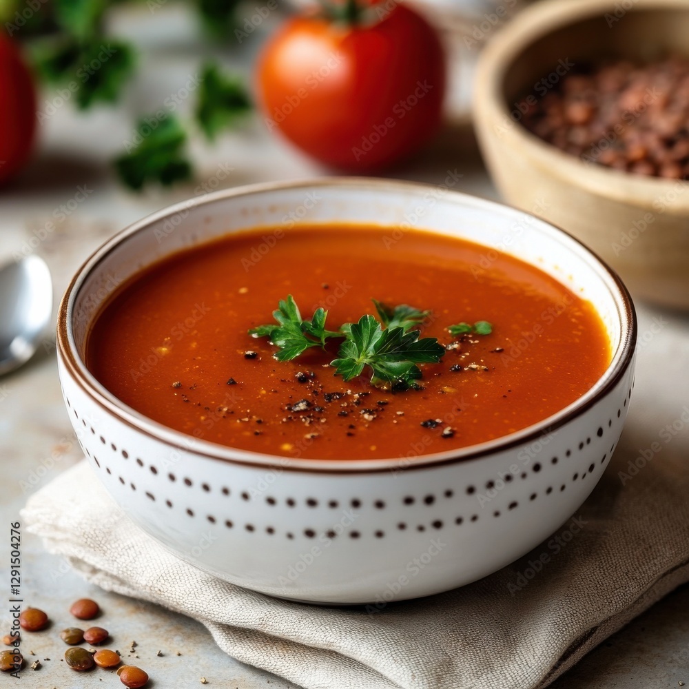 Healthy tomato lentil soup in small portion on elegant tableware Healthy tomato lentil soup in small portion on elegant tableware