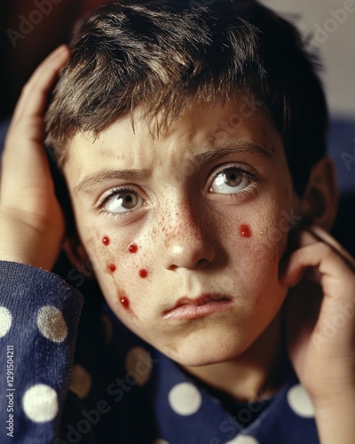 Child with severe measles complications, high fever, lethargic, under medical observation