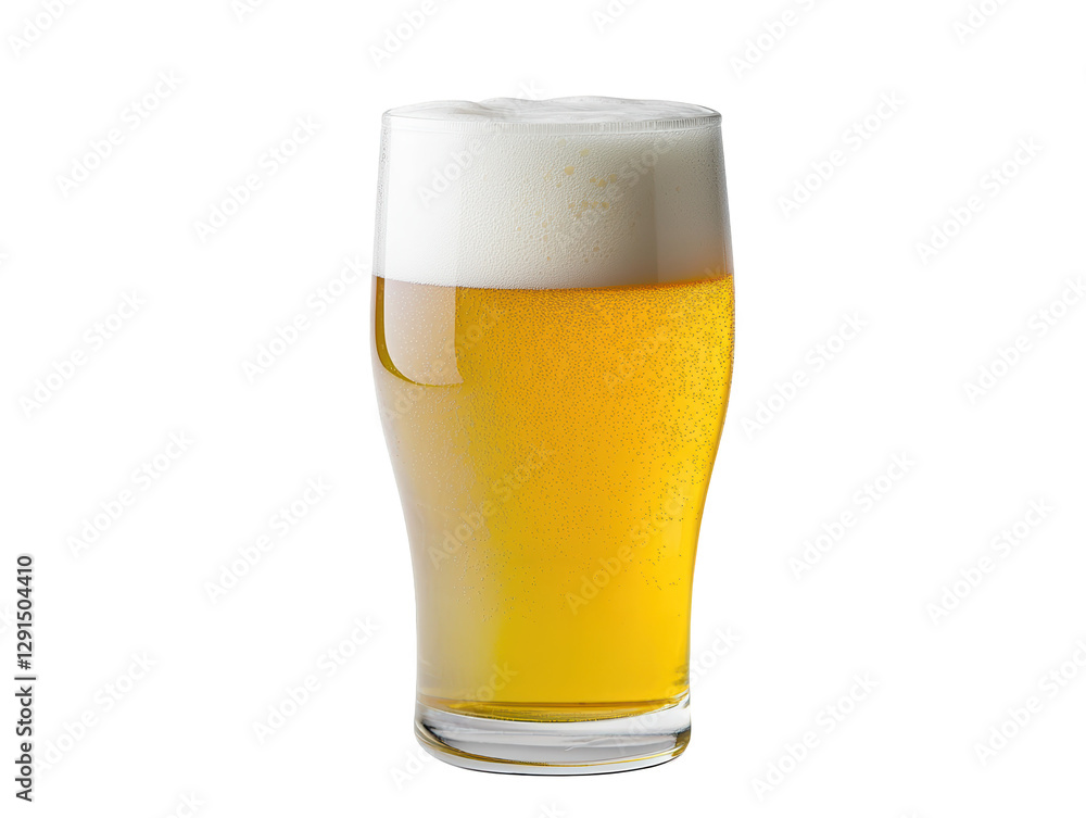 A glass of golden beer topped with a frothy white head. A glass of golden beer topped with a frothy white head.
