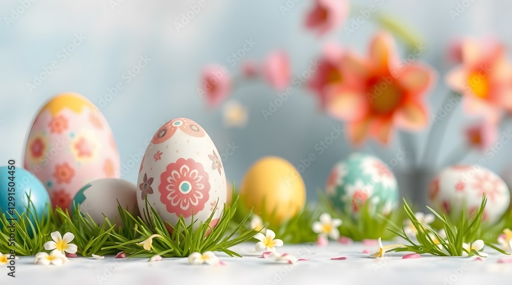 Fototapeta premium The image features beautifully decorated Easter eggs in vibrant colors, surrounded by green grass and delicate flowers, creating a cheerful and festive springtime scene.