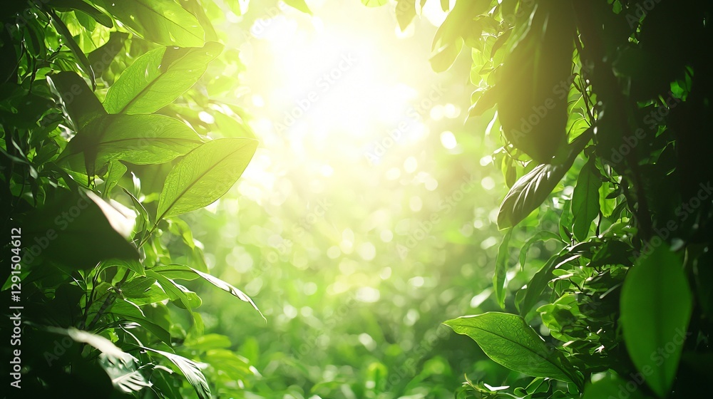 Obraz premium Sunlit Lush Greenery, Tropical Plantation, Background Bokeh, Nature