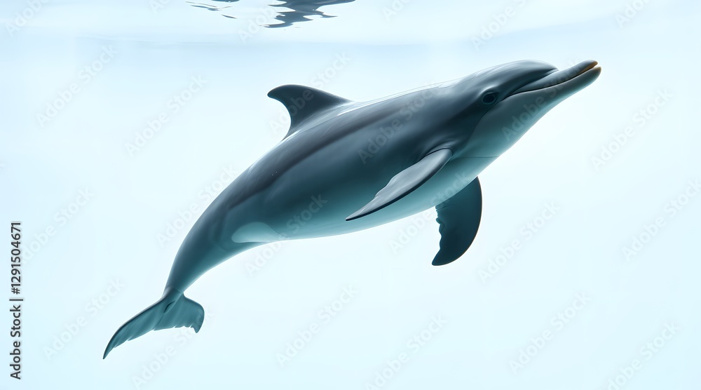 A graceful dolphin swimming playfully in clear blue water, showcasing its sleek body and friendly demeanor, embodying the beauty of marine life and aquatic freedom. A graceful dolphin swimming playfully in clear blue water, showcasing its sleek body and friendly demeanor, embodying the beauty of marine life and aquatic freedom.
