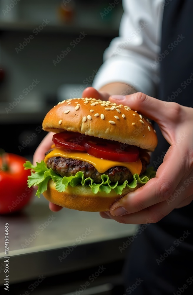 Delicious burger in the hands of the chef Delicious burger in the hands of the chef