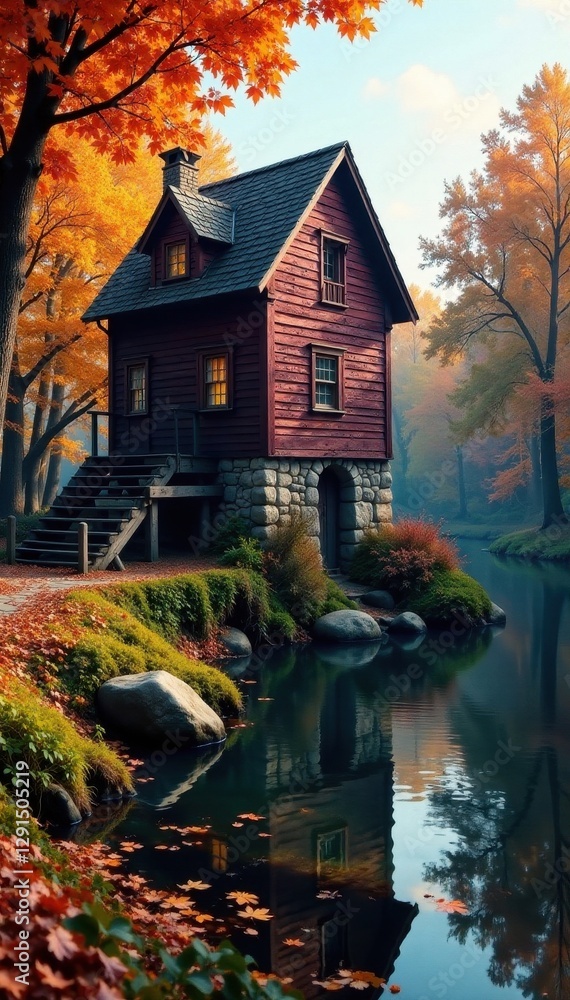 Obraz premium Old watermill, fiery autumn colors, tranquil setting , building, golden, image