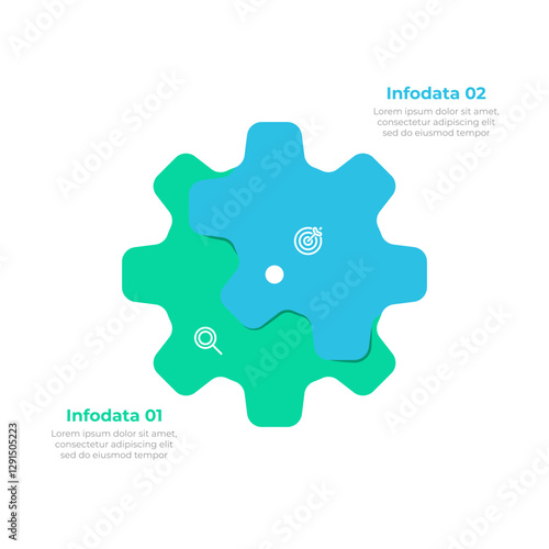Modern and minimalistic business infographic with 2 interlocking gears in blue and green. Vector illustration.