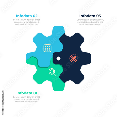 Modern and minimalistic business infographic with 3 interlocking gears in blue, navy Blue  and green. Vector illustration.