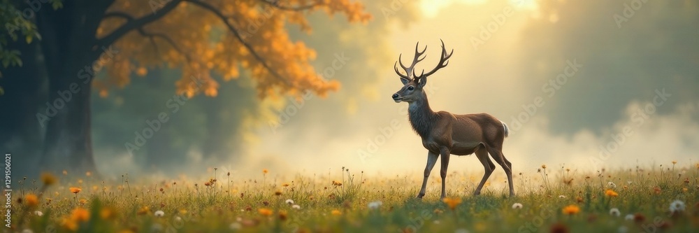Proud deer strides through ethereal mist, showcasing its grace , peaceful, woods Proud deer strides through ethereal mist, showcasing its grace , peaceful, woods