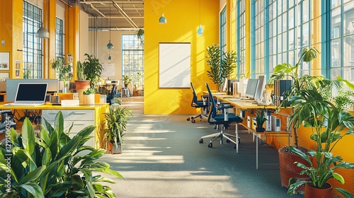 Sunny office, plants, desks, coworking space, design