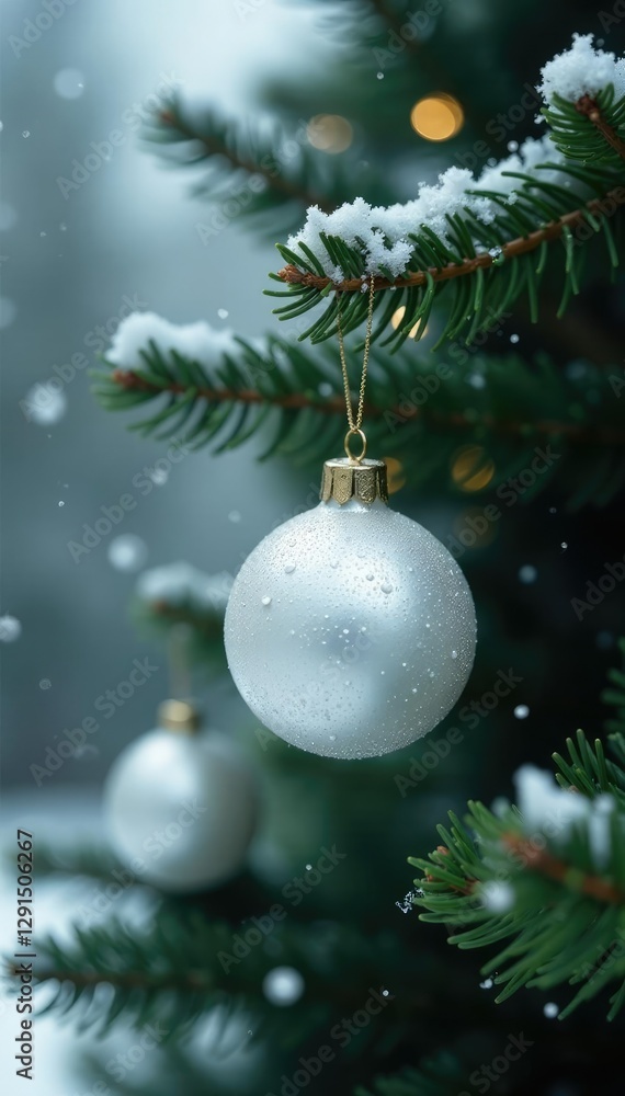 A delicate white glass ball adds sparkle to the branches of a towering fir tree, snowflakes, winter scenery, glass ornaments A delicate white glass ball adds sparkle to the branches of a towering fir tree, snowflakes, winter scenery, glass ornaments