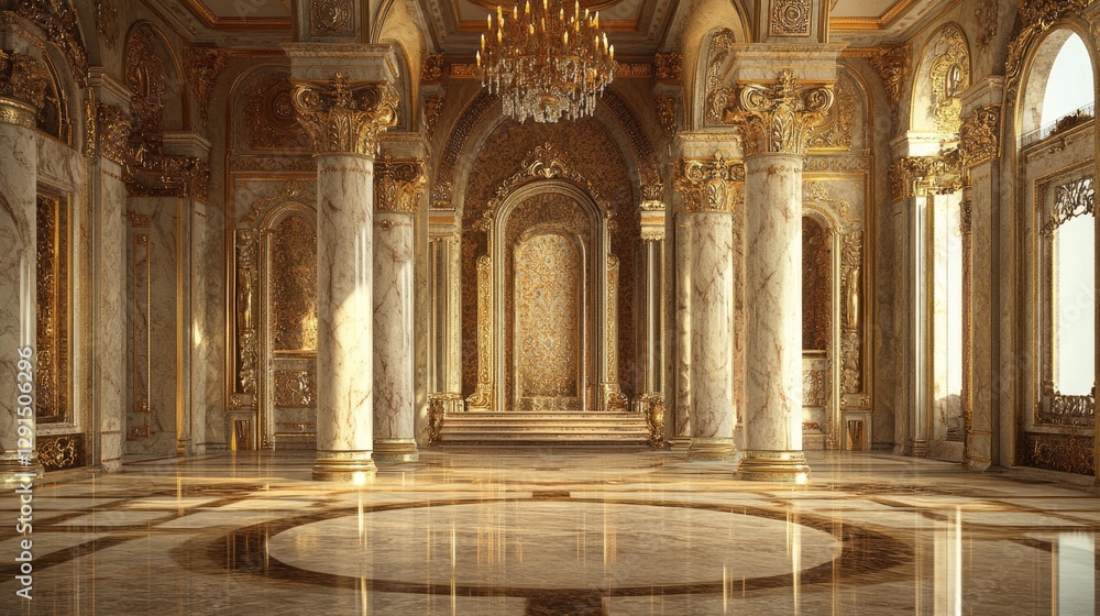 Fototapeta premium Grand Palace Interior: Marble Columns, Gold Accents, Sunlit Floor