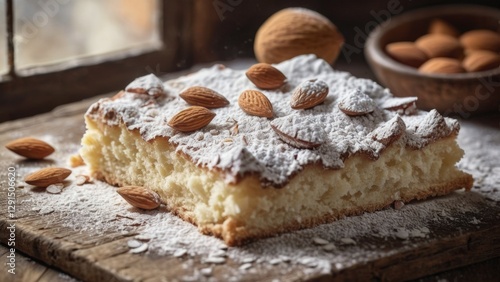 A slice of almond cake dusted with powdered sugar sits on a rustic wooden surface. Whole almonds are scattered on top and around the cake. The background includes a bowl filled with almonds