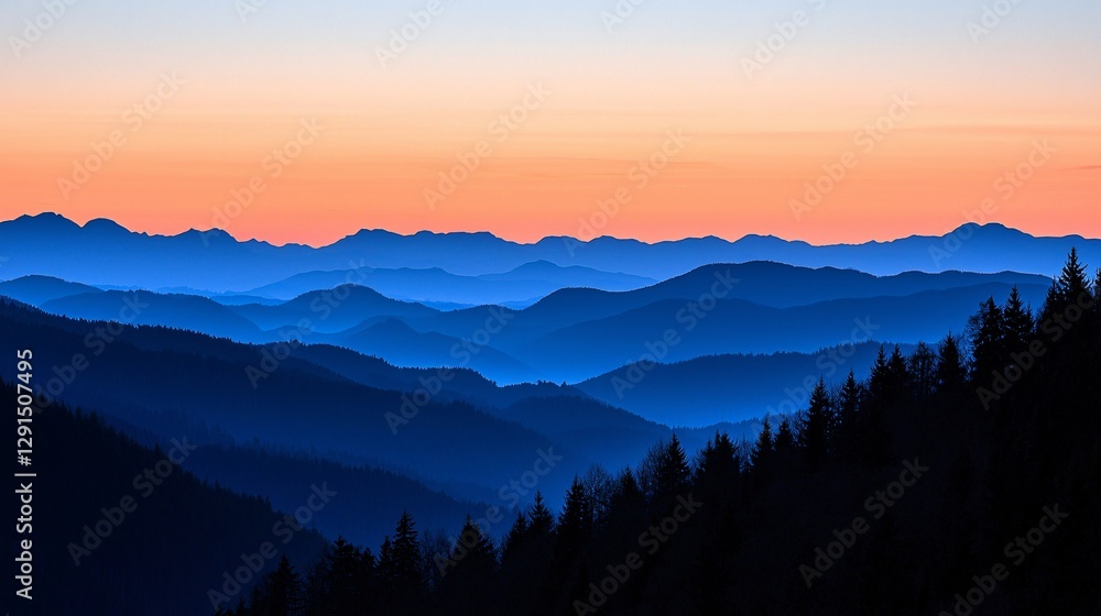 Fototapeta premium Sunset mountain range panorama, layered hills, peaceful evening