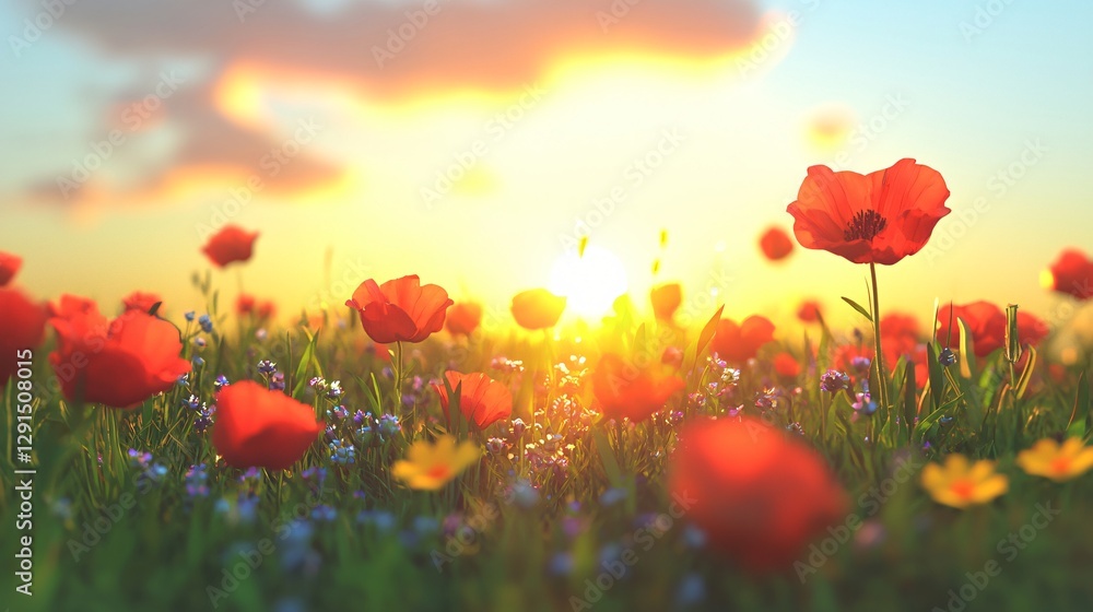 Fototapeta premium Sunset poppies field summer landscape, nature background