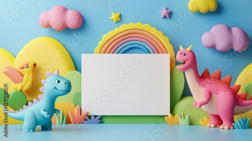 Fototapeta Naklejka Na Ścianę i Meble -  Two friendly dinosaurs and a bird presenting a blank canvas in a colorful, playful landscape with rainbow, clouds, and stars
