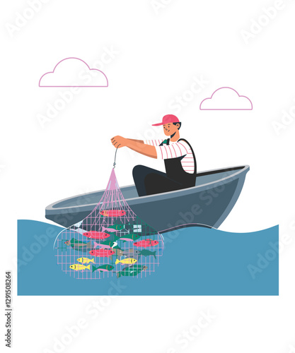 Fisherman Pulling a Colorful Fishnet on a Calm Sea Under a Clear Sky
