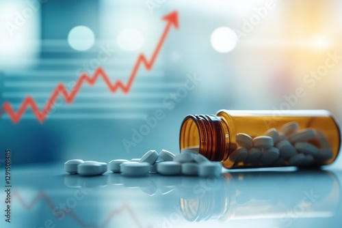 Increasing drug costs shown by upward trending red arrow and prescription medicine bottle with spilled pills