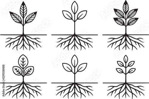 Plant root vector illustration icons set. Tree with deep roots icon in flat outline and editable stroke line art.