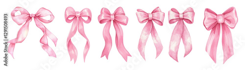 Watercolor set of pink bows png. Pink satin ribbon bows in different ways of tying. Elements for romantic decor, girlish hairstyles, etc. Vector illustration.