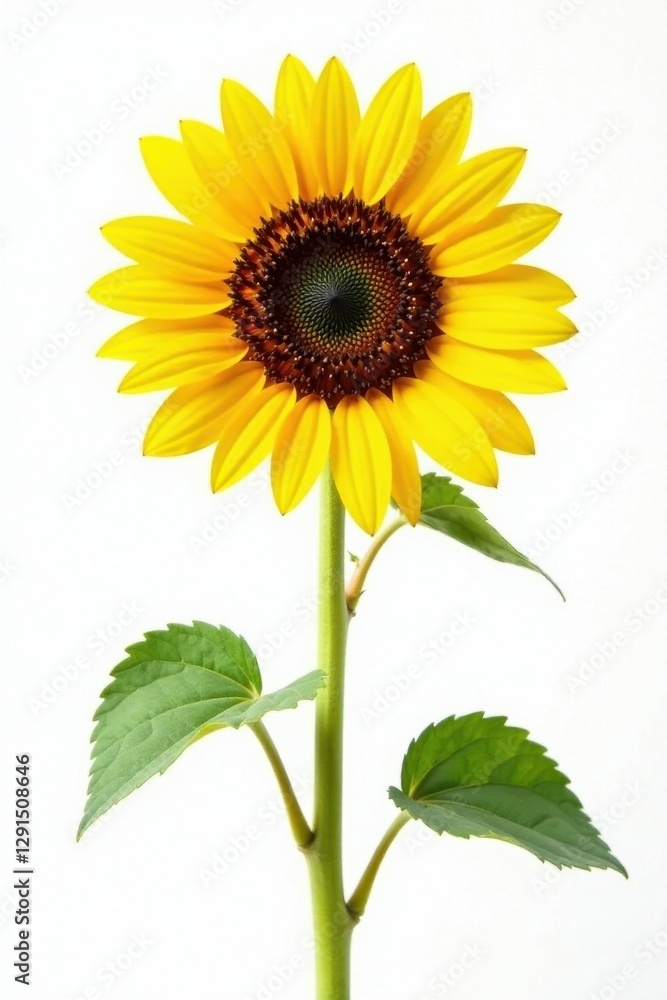 Naklejka premium Single mature sunflower, sharp focus, pristine white backdrop , yellow, seed, summer
