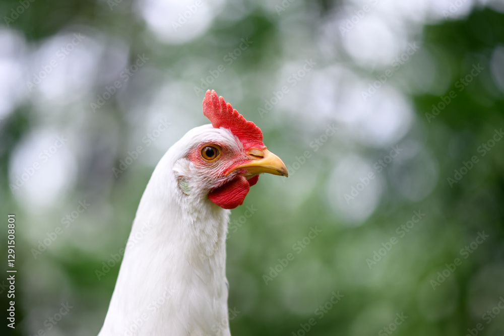 Portrait of free range white chicken Leghorn breed in spring garden Portrait of free range white chicken Leghorn breed in spring garden