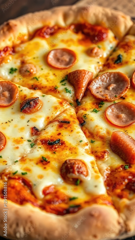A perfectly cooked pizza with crispy crust and melted cheese, melted cheese, ham, appetizing A perfectly cooked pizza with crispy crust and melted cheese, melted cheese, ham, appetizing
