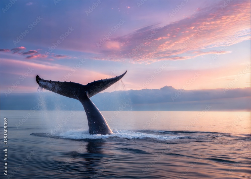 Fototapeta premium Majestic Whale Tail Emerging from the Calm Ocean at Sunrise