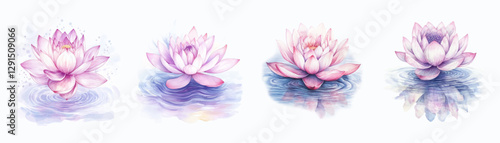 Watercolor set of water lilies in water. Fairytale lily flowers floating in water. Watercolor purple lilies on water waves. Watercolor aquatic botany. Vector illustration.