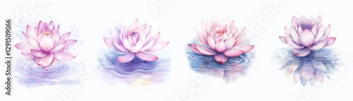 Panel kuchenny z motywem Watercolor set of water lilies in water. Fairytale lily flowers floating in water. Watercolor purple lilies on water waves. Watercolor aquatic botany. Vector illustration.