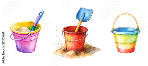 Watercolor set of children's toys for the beach. Children's bucket with a shovel for playing on the beach in the sand.  Concept of games for the beach. 