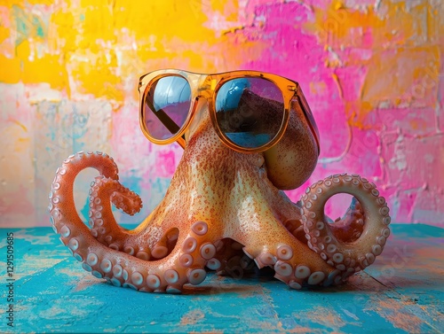 Cool octopus with sunglasses against vibrant graffiti, embodying summer fun. Ideal for quirky designs, vacation themes, marine life education, or kids' projects. photo