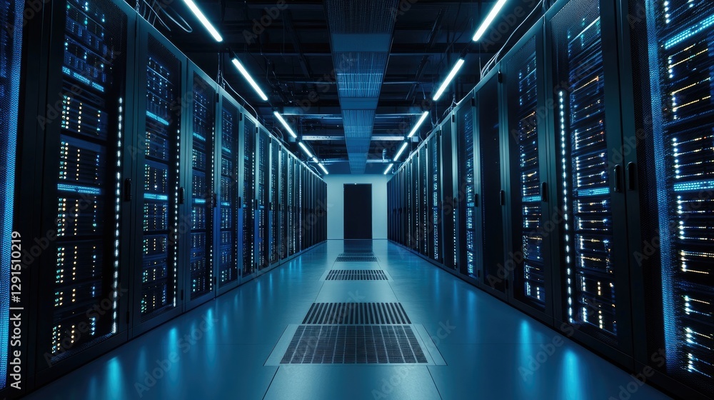 A futuristic data center with rows of glowing blue server racks and advanced overhead lighting in a secure environment. Perfect for cloud computing, cybersecurity, and IT infrastructure concepts A futuristic data center with rows of glowing blue server racks and advanced overhead lighting in a secure environment. Perfect for cloud computing, cybersecurity, and IT infrastructure concepts