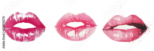 Set of red lip prints. Watercolor lip prints of different shades of pink. Pink lipstick print. Elements for collages. Vector illustration.