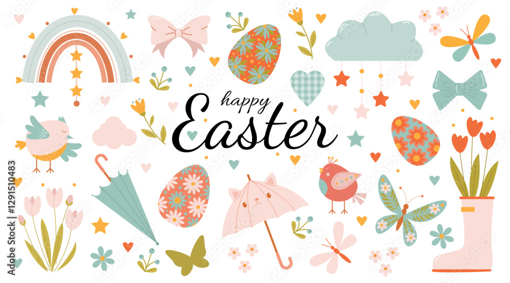 Fototapeta premium A large set of spring elements for Easter in delicate shades on a white background