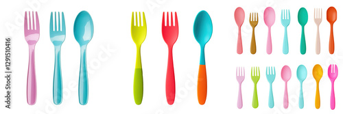 Tableware for party elements. A vibrant assortment of colorful forks and spoons arranged in various sizes.