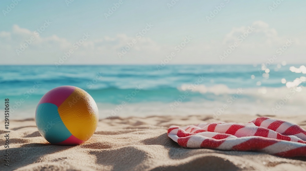 Obraz premium Beach ball and towel resting on the sand against a scenic ocean view