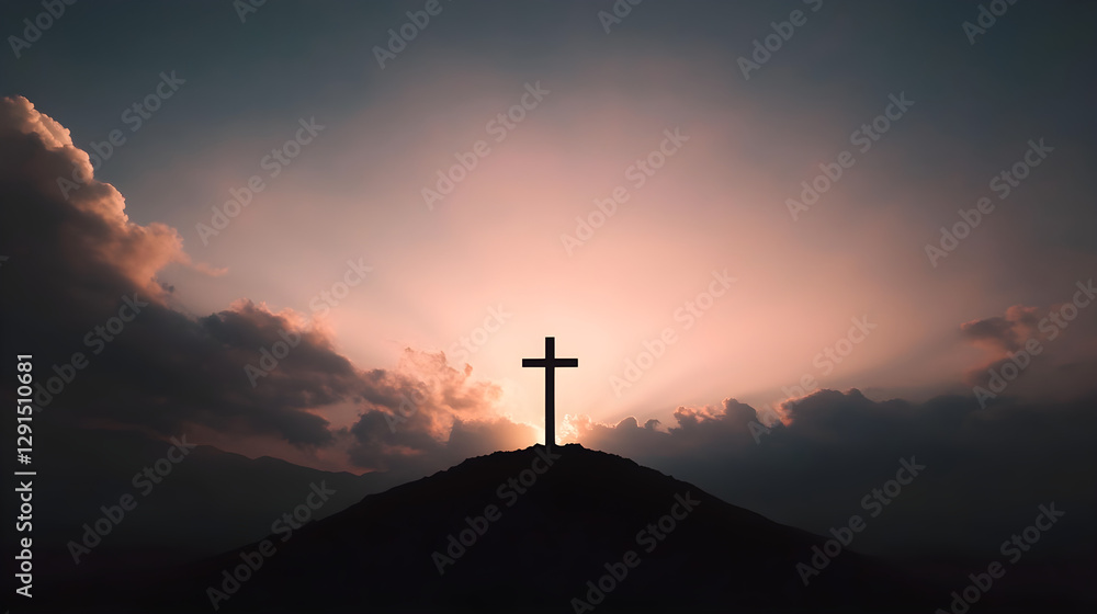 Christian cross against the sky from which light emanates, testifying to the presence of the Lord and eternal life. Religious background Christian cross against the sky from which light emanates, testifying to the presence of the Lord and eternal life. Religious background