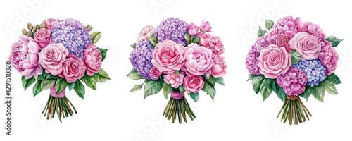 Watercolor set of bouquet of flowers. Rose, peony, hydrangea and other flowers in a bouquet. Floristry concept. Romantic bouquets of flowers for invitations, cards, banners, etc. Vector illustration.