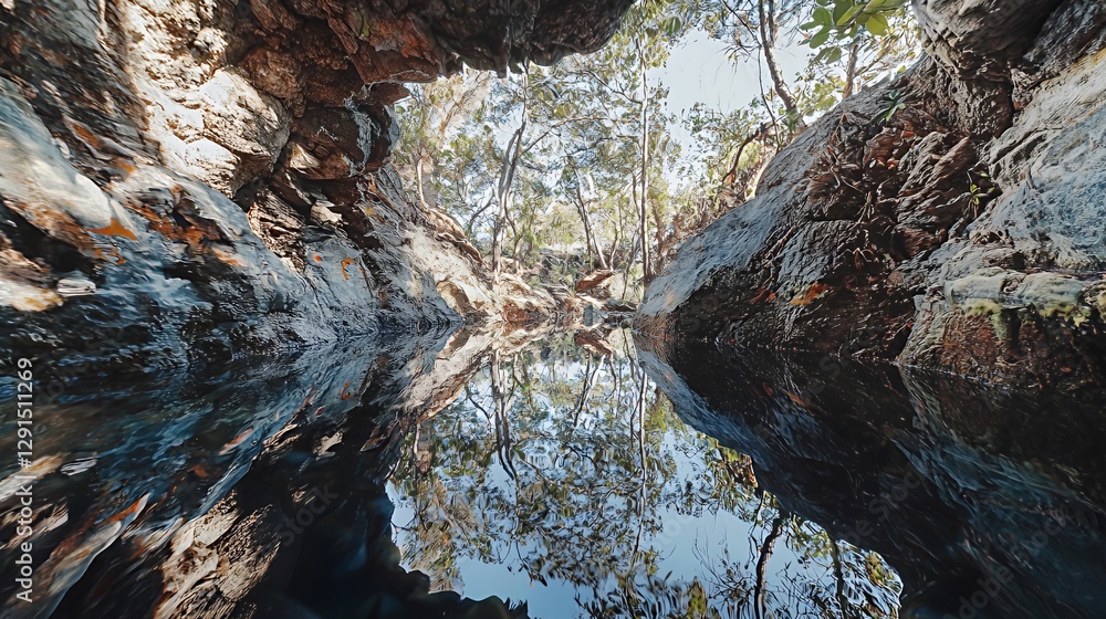 Fototapeta premium Reflective Pool in a Rocky Canyon with Sunlight Filtering Through Trees