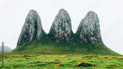 Three rugged peaks, misty highlands, green valley, travel postcard photo