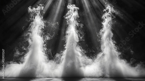 Three smoke plumes, stage lighting, dark background, abstract art