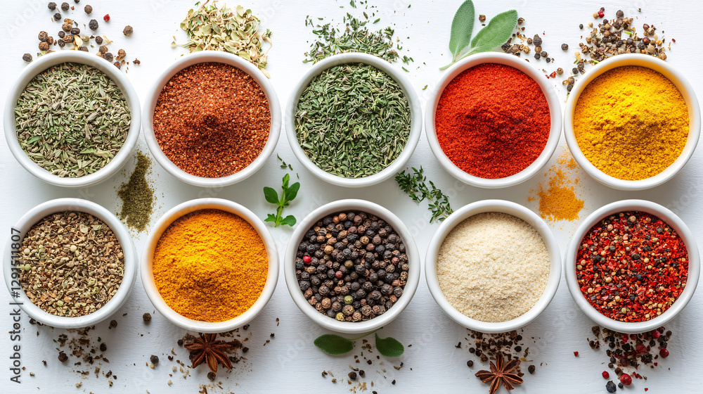 vibrant flat lay of various spices and herbs in white bowls, showcasing colorful array of flavors and textures, perfect for culinary inspiration vibrant flat lay of various spices and herbs in white bowls, showcasing colorful array of flavors and textures, perfect for culinary inspiration