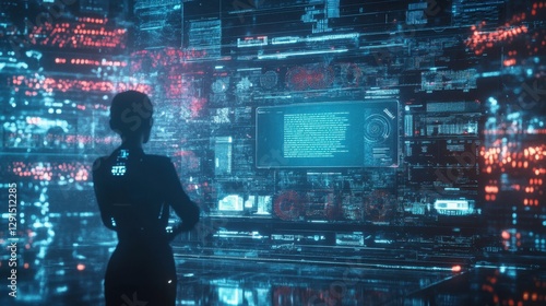 Futuristic digital media company, AI-driven content creation, holographic news feed,
