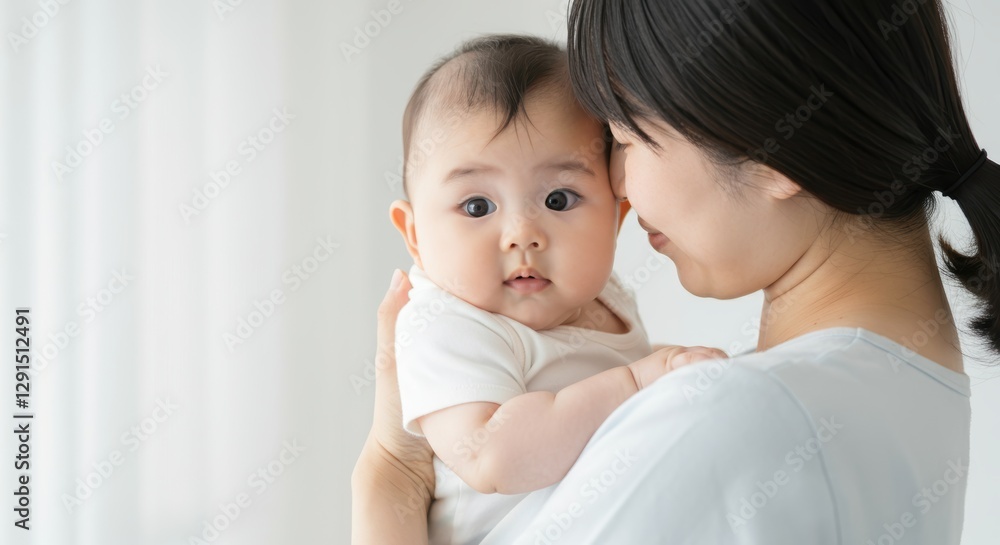 Asian mother holding infant child with love and affection Asian mother holding infant child with love and affection