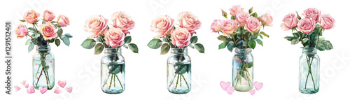 Watercolor set of bouquets of roses in a vase. Pink roses with green leaves and stems standing in water in a glass transparent jar and painted with hearts around. Romantic bouquets in a vase.
