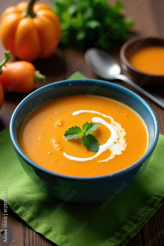 Carrot soup puree with sauce in blue bowl on green placemat, placemat, soup, condiments
