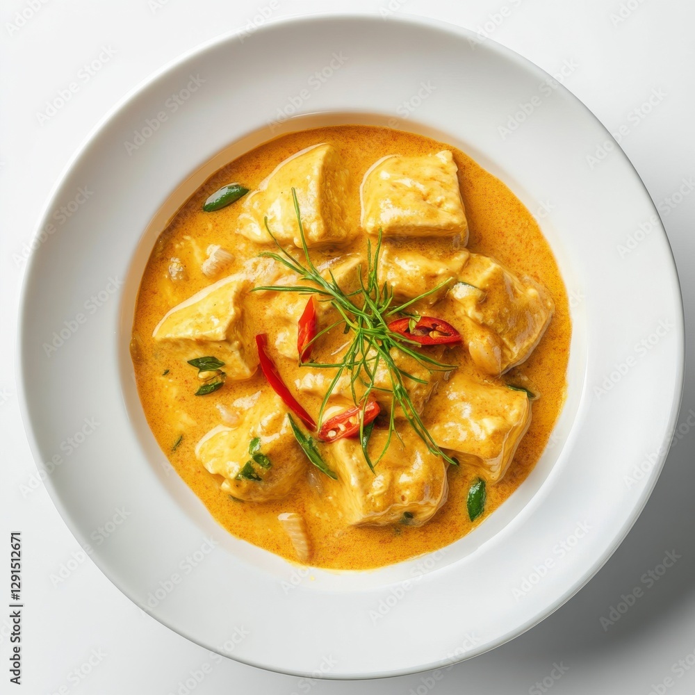 Realistic photo featuring ketupat tofu and thick curry sauce Realistic photo featuring ketupat tofu and thick curry sauce