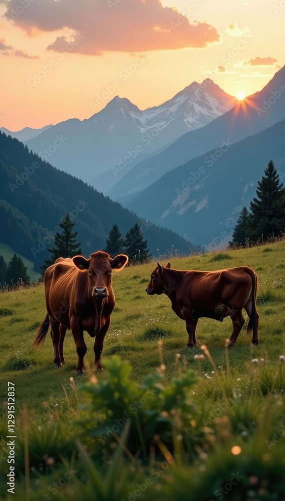 Cattle roaming freely on a mountain meadow at dusk, cattle, scenery, farm Cattle roaming freely on a mountain meadow at dusk, cattle, scenery, farm